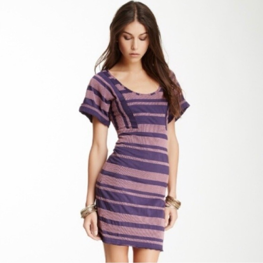 Free People Purple Pink Striped Scoop Neck Bodycon Fitted Lunch Date Dress